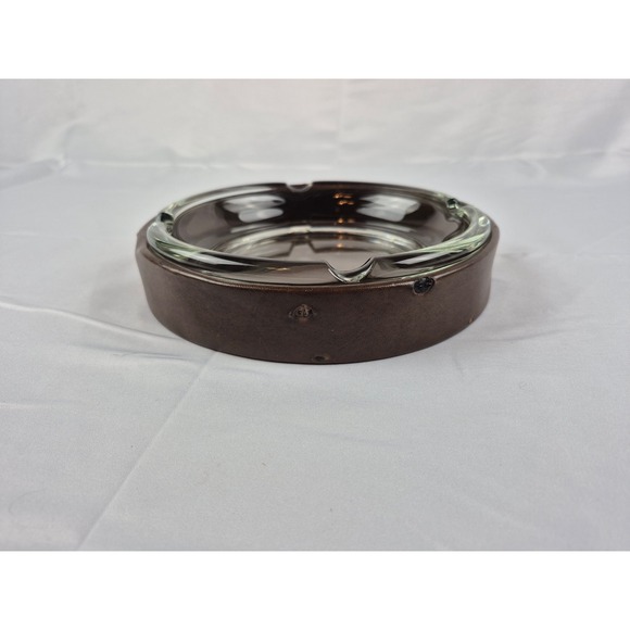 Unbranded Other - Vintage MCM Glass Ashtray Faux Leather Holder Heavy‎ Brown Bar Decor 8.25